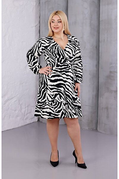 Truva XXL Plus Size Wrinkled Fabric Double-Breasted Collar Zebra Pattern Knee Length Dress
