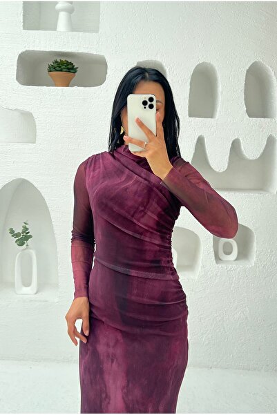 Nida Boutique Buy Draped Half Turtleneck Long Sleeve Lined Tulle Dress