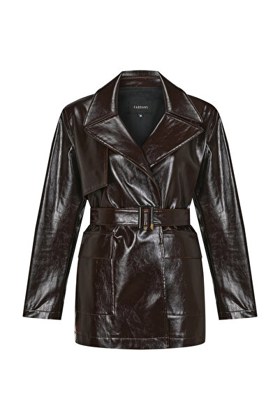 FABRANS Kemerli Cep Detaylı Damarlı Deri Ceket