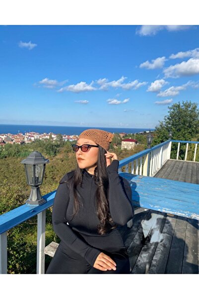 Kadife Hanım Knitted Bandana – Fishnet Pattern – Milk Coffee Color – Comforta...