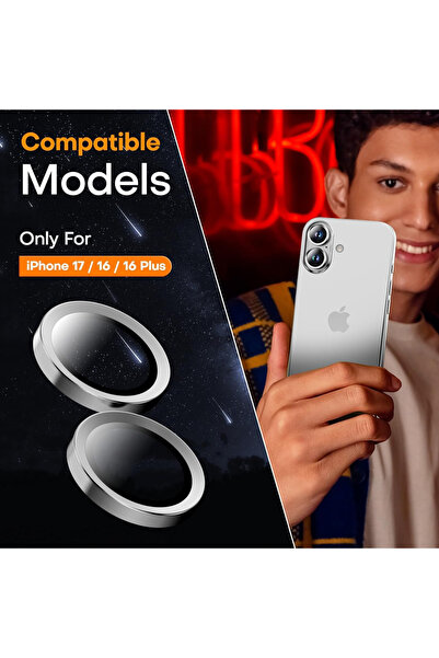 KVK PRİVACY iPhone 17 Compatible Camera Protection Lens Protector Tempered Glass Protection Silver Flat Lens