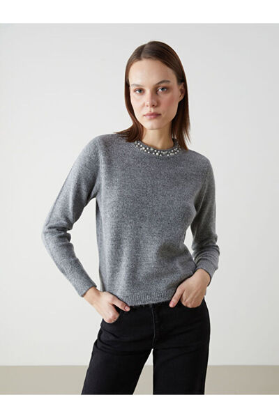 LC Waikiki Bisiklet Yaka Taşlı Kadın Triko Kazak