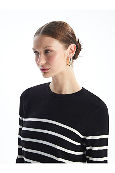 LC Waikiki طاقم الرقبة مخطط سترة طويلة الأكمام المرأة تريكو