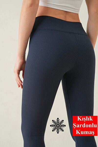 vuvutasarım Winter Innerwear Fleece-Lined F Corded Fabric Fabric High Waist Flexible Navy Blue Women's Leggings 601