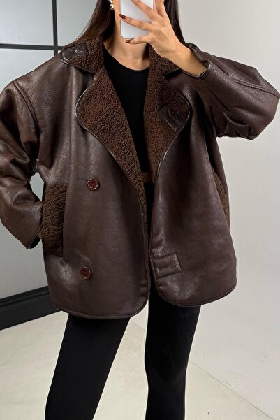 Jaglion Else Pb Bitter Brown Women's Oversized Leather Jacket Coat