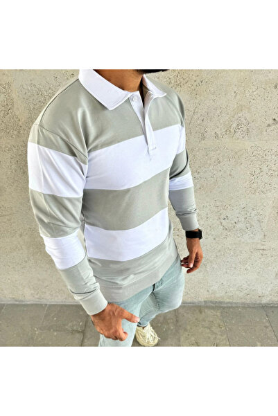 JANES Men's Polo Neck Long Sleeve Striped Sweatshirt Trend Rugby Style - Mint Green