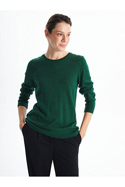 LC Waikiki طاقم الرقبة الذاتي منقوشة طويلة الأكمام سترة تريكو المرأة