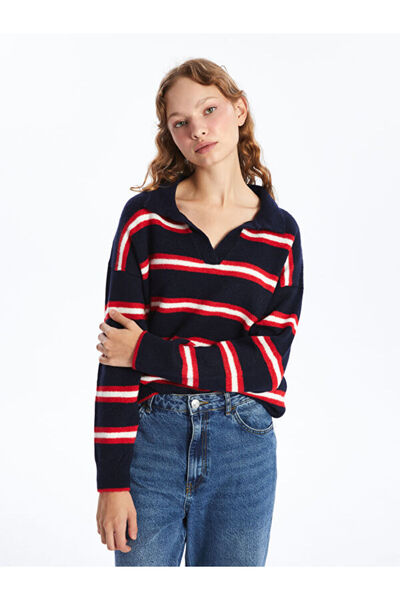 LC Waikiki Polo Neck Striped Oversize Women's Knitwear Sweater