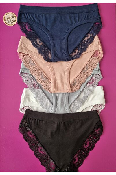 Demirsa Boutique Dantelli, Piped Detail 5-Pack Modal Women's Panties in Navy Blue, White, Powder, White and Blue Colors