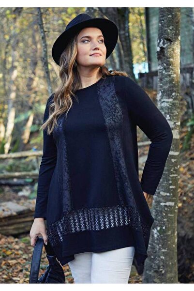 FOR ESRA BIG TREND Women's Plus Size Edges Leather-Look Stone Detail Bottom Silvery Tulle Flexible Viscose Asymmetrical Tunic