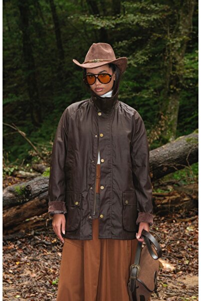 HOPE AND ME Oversize Mumlu Gabardin Ekose Astarlı Fermuarlı Kahverengi Parka