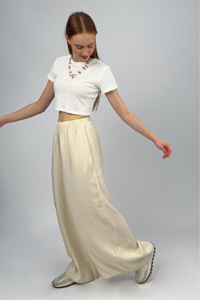 Betimoda Women's Modal High Waist Pocketed Elastic Waist Wide Leg Pants Beige
