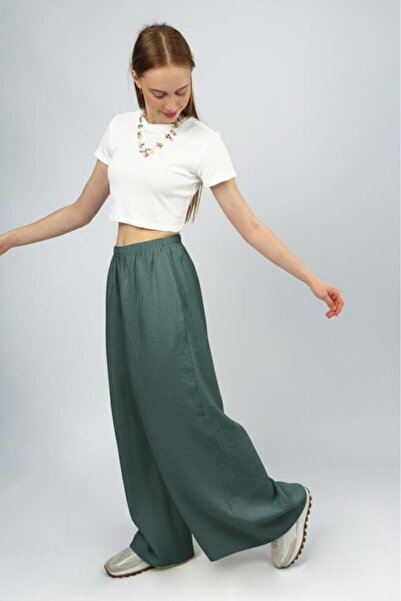 Betimoda Women's Modal High Waist Pocketed Elastic Waist Wide Leg Pants Emerald Green