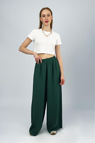 Betimoda Women's Modal High Waist Pocketed Elastic Waist Wide Leg Pants Emerald Green