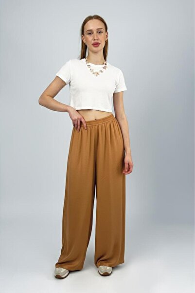 Betimoda Women's Modal High Waist Pocketed Elastic Waist Wide Leg Pants Brown