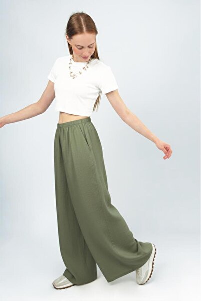 Betimoda Women's Modal High Waist Pocketed Elastic Waist Wide Leg Pants Khaki