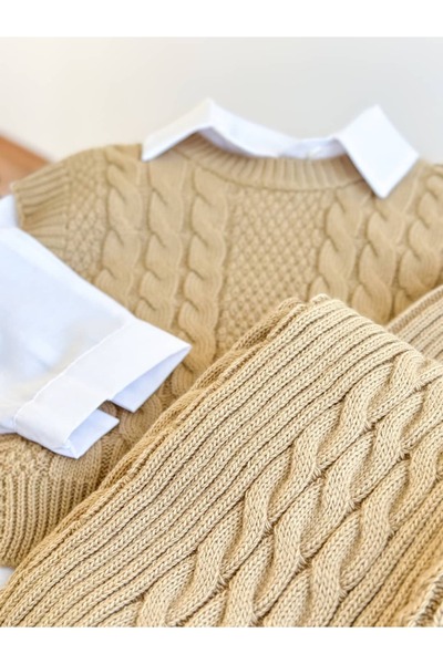 Pinkitokids Brown Lady Sarmal Stripe Detailed Real Shirt 3-Piece Knitwear Girl's Set