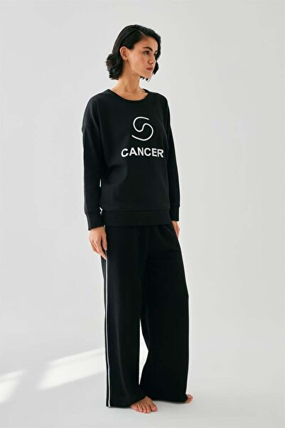 modaserdem Mdsrdm Women's Black Cancer Zodiac Sign Oversized 2 Thread Tracksuit Home Wear Set