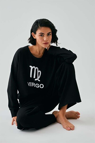 modaserdem Mdsrdm Women's Black Virgo Oversized 2 Thread Tracksuit Home Wear Set