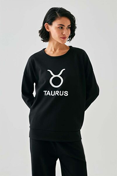 modaserdem Mdsrdm Women's Black Taurus Zodiac Sign Oversized 2 Thread Tracksuit Home Wear Set