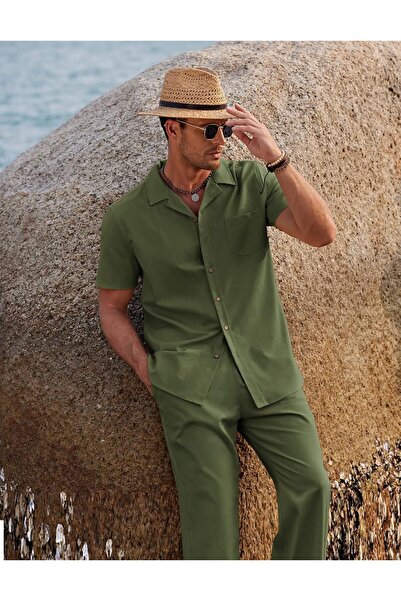 COOFANDY Men's Linen Beach Set - Button Shirt and Loose Casual Pants