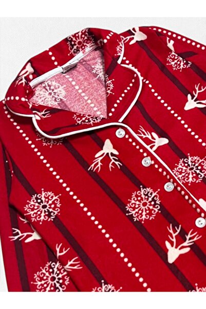 Pajama Shop Girls' Cotton Suede Fabric Red Snowflake Deer Pattern Shirt Collar Buttoned Winter Pajama Set
