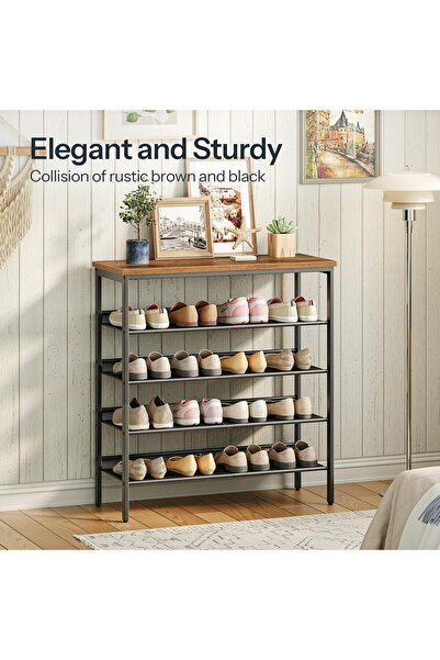 Gogoya 5-Tier Shoe Rack for Entryways and Small Spaces (Brown, Adjustable Metal Mesh Shelves)