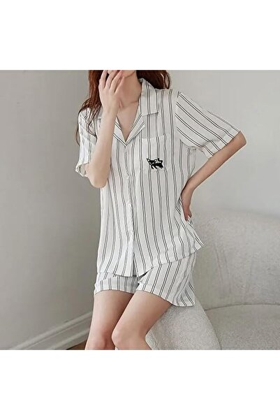 Margoun Couples Matching Pajamas Stripe Silk Short Sleeve Sleepwear Satin Soft Embroidery Cartoon Pa MG09