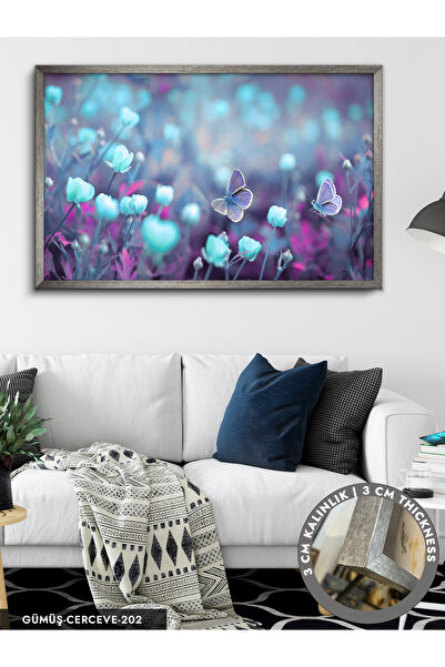 Evinemoda Kelebek Çiçek Tek Parça Çerçeveli Kanvas Tablo