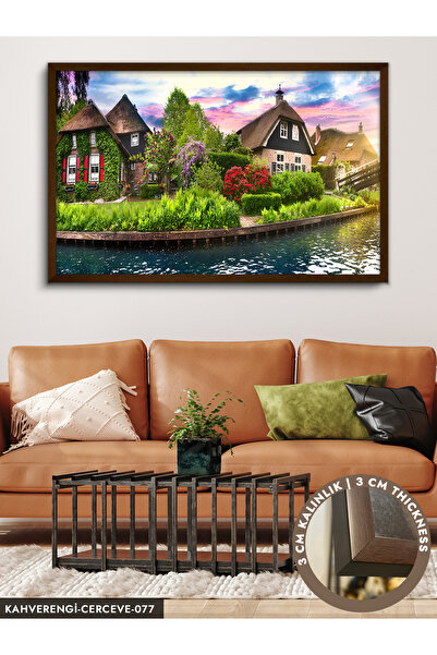 Evinemoda Doğa Ve Evler Tek Parça Çerçeveli Kanvas Tablo