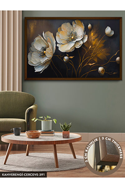 Evinemoda Çiçek Gold Dallar Tek Parça Çerçeveli Kanvas Tablo
