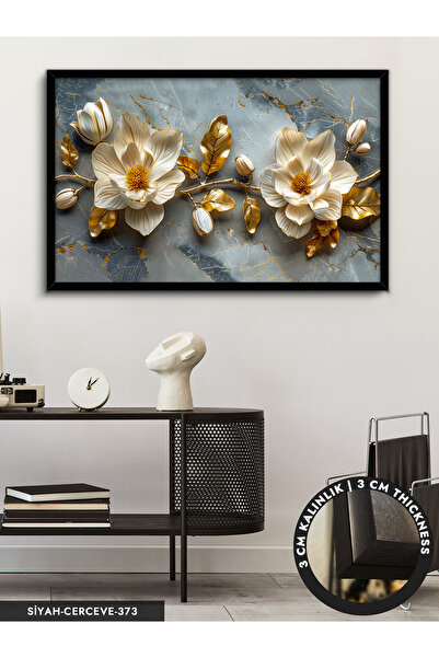 Evinemoda Gold Yapraklı Çiçekler Tek Parça Çerçeveli Kanvas Tablo