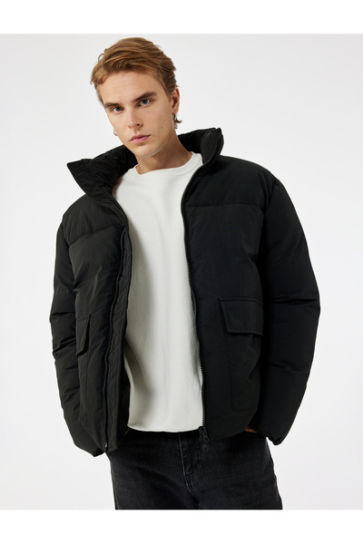 Koton Long Sleeve Hooded Pocket Detailed Zippered Slim Fit Mock Neck Winter Puffer Coat