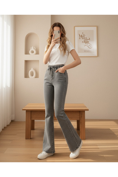 MİYALORA Paça Minimal Pantolon Bağcık Füme Kot Ispanyol