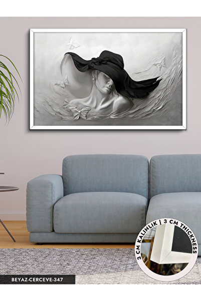 Evinemoda Siyah Şapkalı Kadın Yağlı Boya Görünümlü Tek Parça Çerçeveli Kanvas...