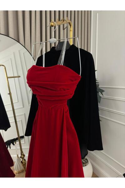 FAKHM AL SAWAR red and black velvet winter dress