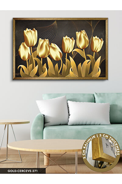 Evinemoda Gold Lale Tek Parça Çerçeveli Kanvas Tablo