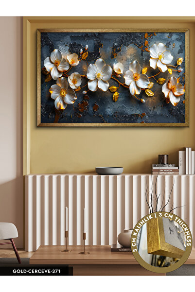 Evinemoda Gold Yapraklı Beyaz Çiçekler Tek Parça Çerçeveli Kanvas Tablo