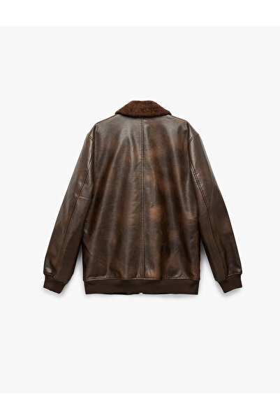 Koton Long Sleeve Pocket Detail Slim Fit Zipper Plush Collar Winter Faux Leather Jacket