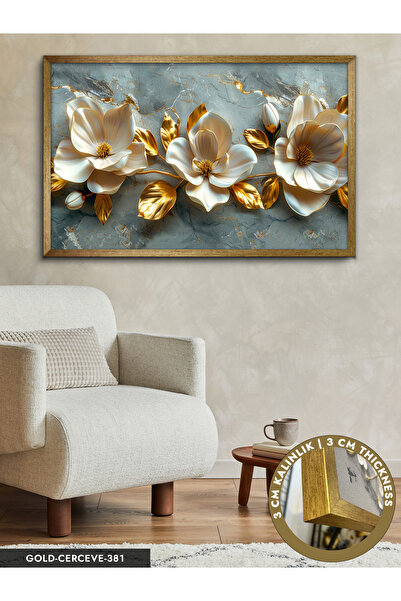 Evinemoda Gold Yapraklı Krem Çiçekler Tek Parça Çerçeveli Kanvas Tablo