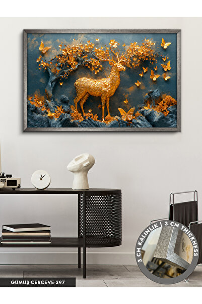 Evinemoda Gold Geyik Gold Çiçekler Tek Parça Çerçeveli Kanvas Tablo