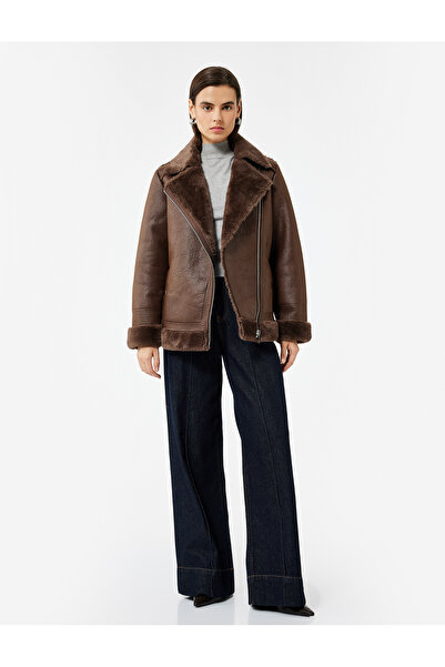 Koton Plush Lined Long Sleeve Collar Faux Fur Double-Breasted Leather-Look Jacket