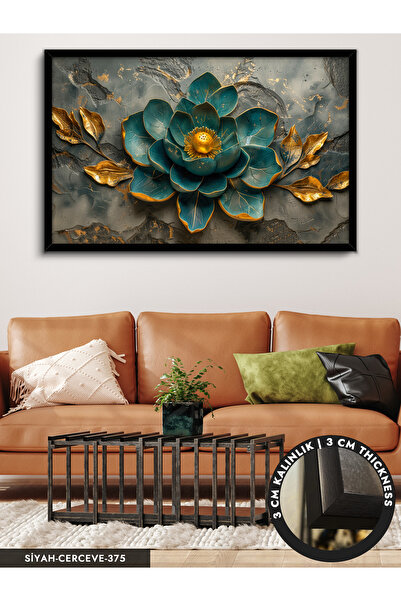 Evinemoda Gold Detaylı Yeşil Çiçek Tek Parça Çerçeveli Kanvas Tablo