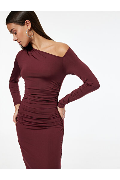 Koton Asymmetrical Neckline Long Sleeve Draped Midi Dress