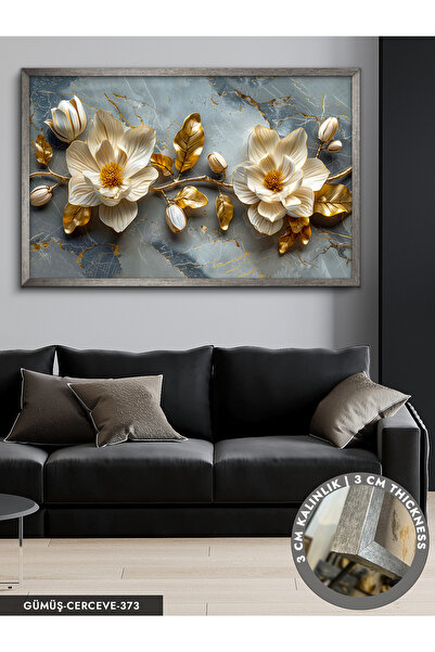 Evinemoda Gold Yapraklı Çiçekler Tek Parça Çerçeveli Kanvas Tablo