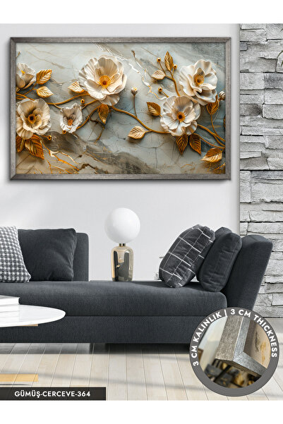Evinemoda Gold Yapraklı Beyaz Çiçekler Tek Parça Çerçeveli Kanvas Tablo