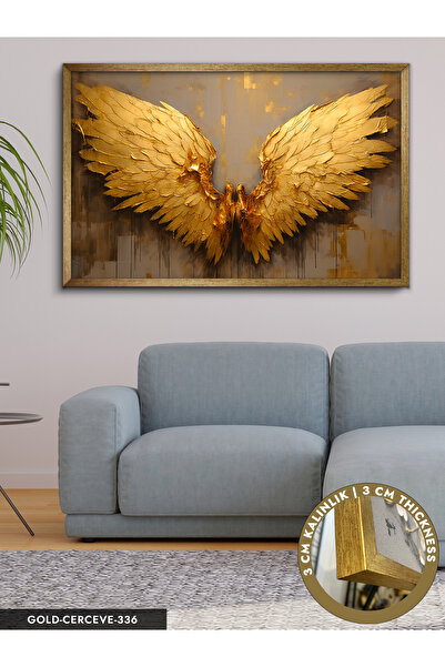 Evinemoda Gold Melek Kanatları Tek Parça Çerçeveli Kanvas Tablo