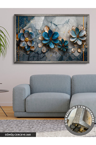 Evinemoda Mavi Tonlarında Çiçekler Tek Parça Çerçeveli Kanvas Tablo