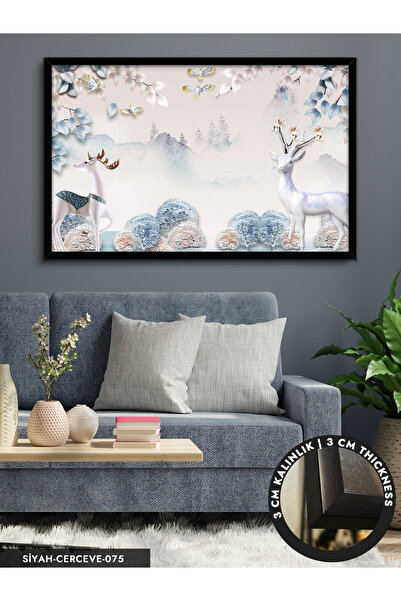 Evinemoda Altın Boynuzlu Geyik Tek Parça Çerçeveli Kanvas Tablo