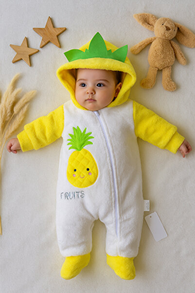Arı Bebe Baby Welsoft Hooded Pineapple Embroidered Zippered Jumpsuit